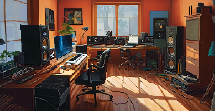 A musician in a warm, inviting home studio filled with instruments, recording equipment, and colorful sound wave visuals on the computer screen.