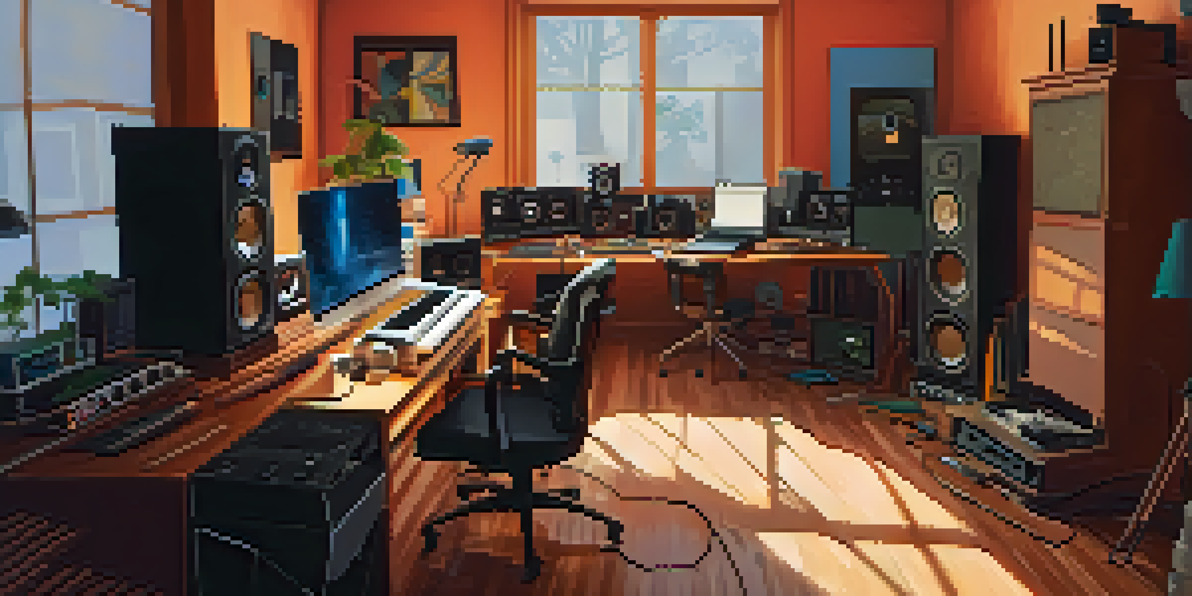 A musician in a warm, inviting home studio filled with instruments, recording equipment, and colorful sound wave visuals on the computer screen.