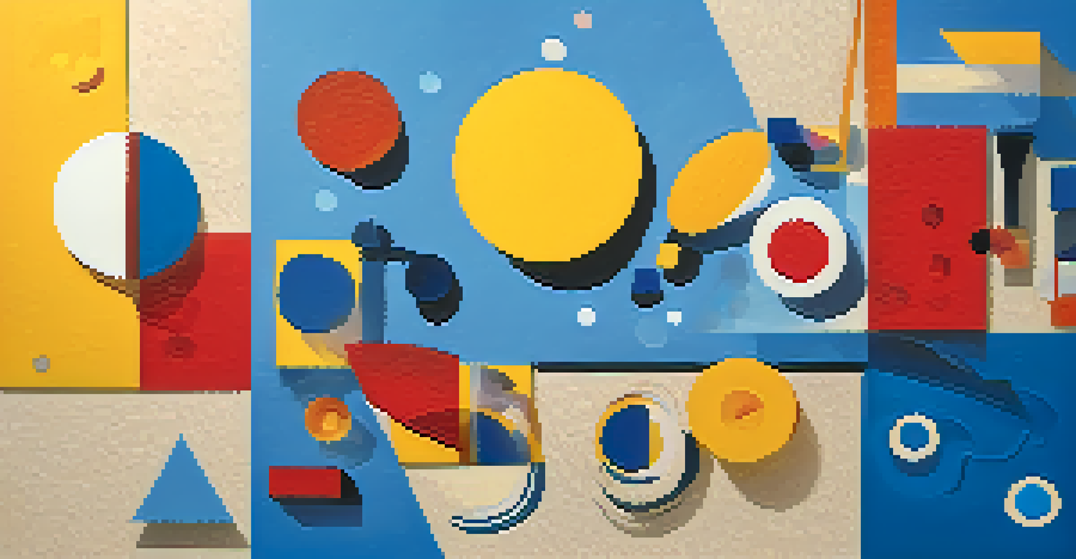An artistic representation of graphic music notation with colorful shapes and symbols on textured paper.