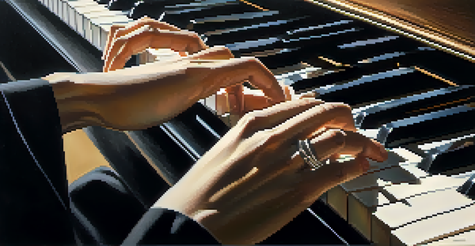 A close-up view of a pianist's hands above the piano keys, highlighting the texture of the fingers and the elegance of piano playing.