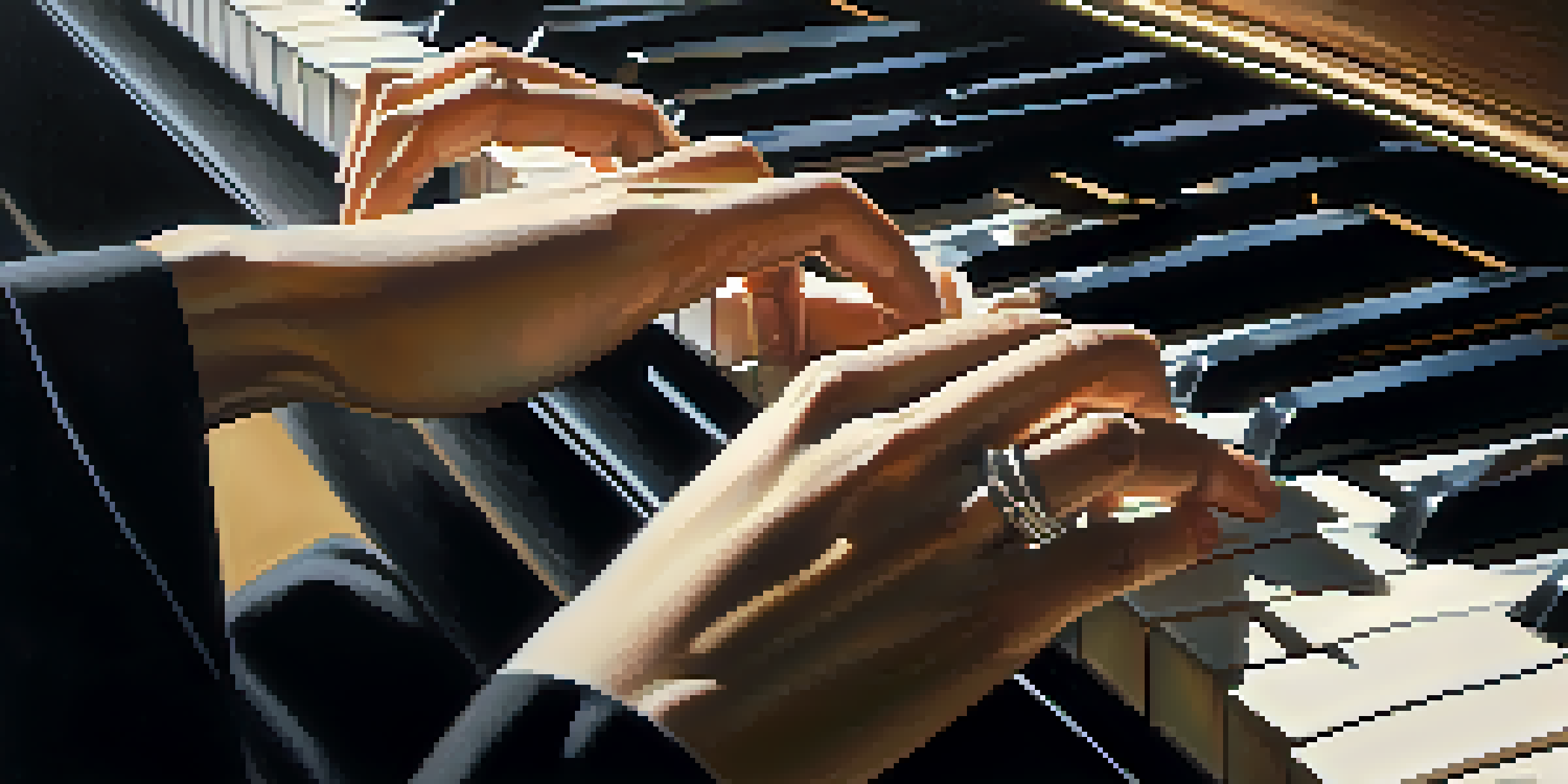 A close-up view of a pianist's hands above the piano keys, highlighting the texture of the fingers and the elegance of piano playing.