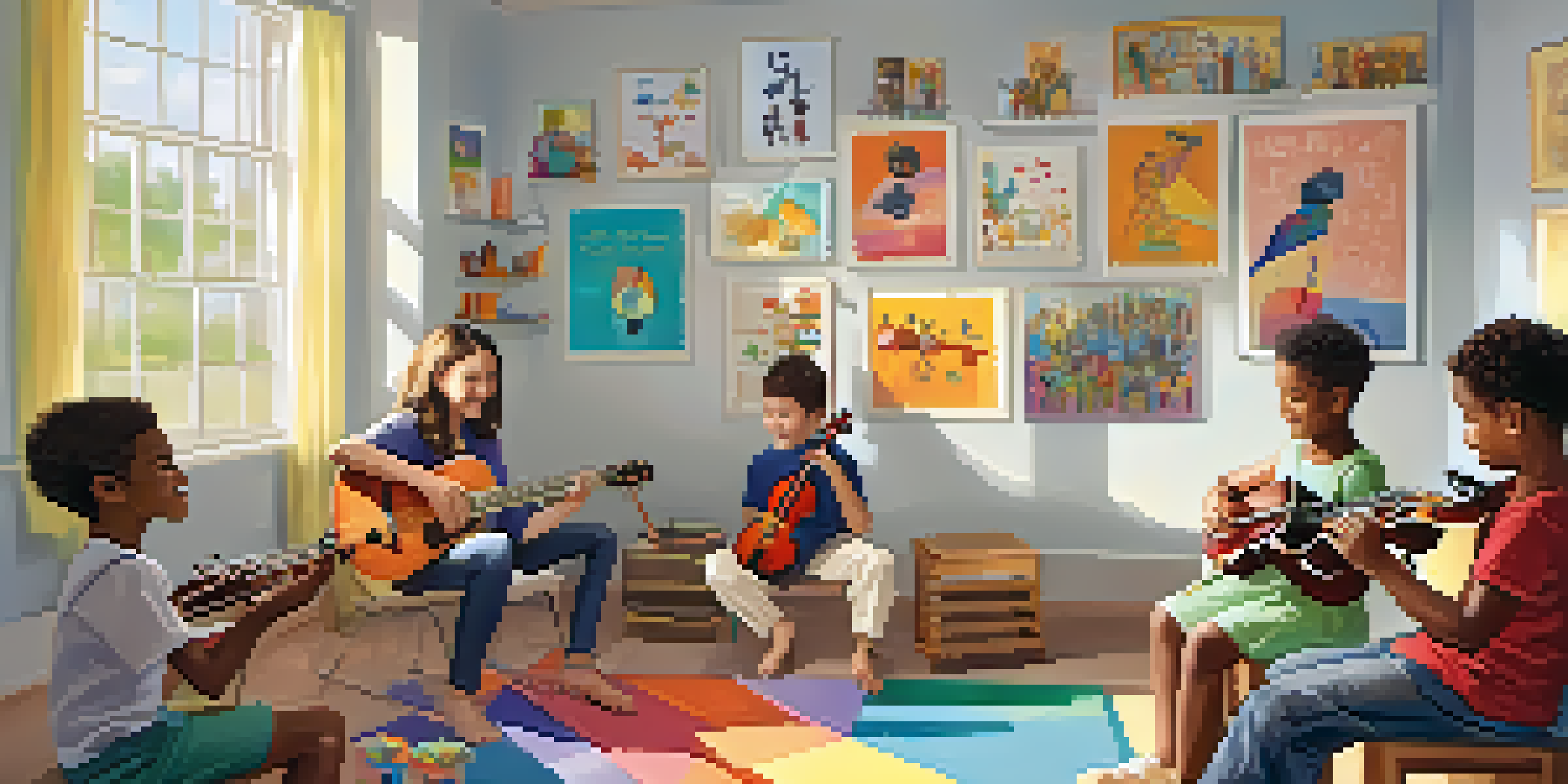 A group of children with autism participating in a music therapy session with various musical instruments and a smiling therapist in a bright, colorful room.