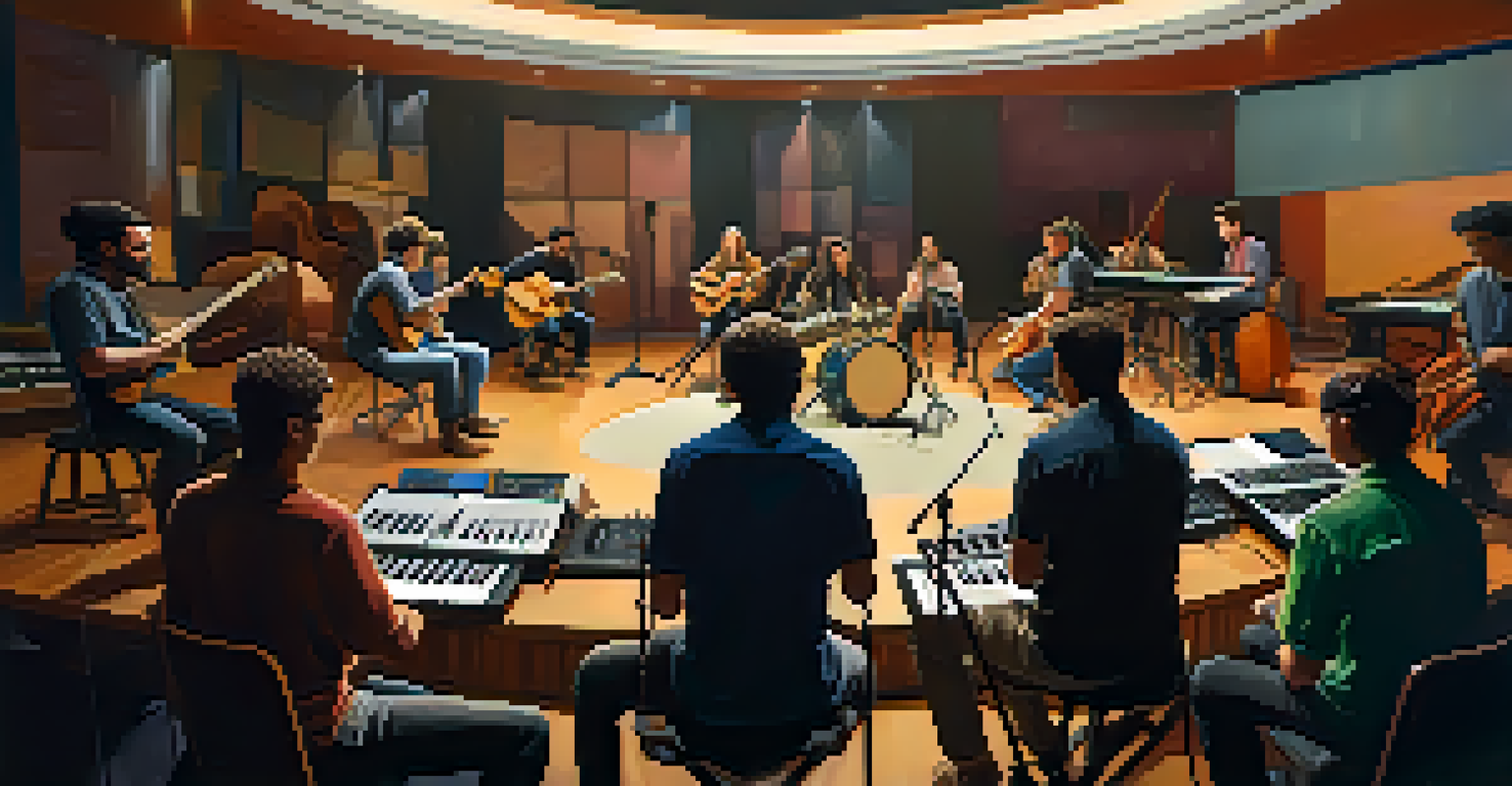 Musicians in a circle discussing during a soundcheck, surrounded by instruments and sound equipment, showcasing teamwork and collaboration.