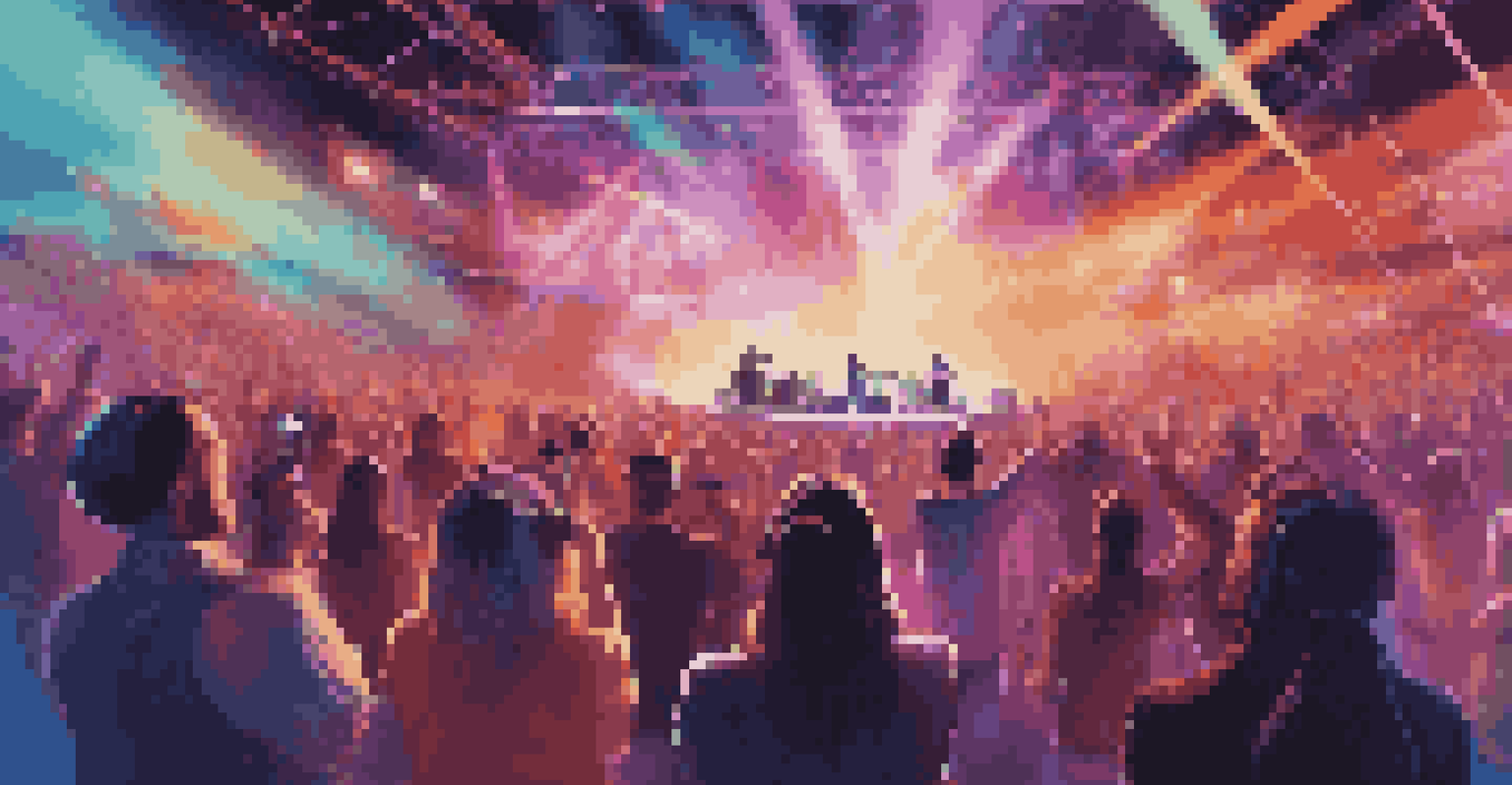 A virtual concert scene with fans wearing VR headsets, enjoying a colorful and immersive live performance.