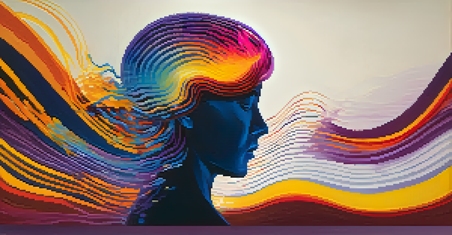 An abstract image of colorful sound waves flowing through a brain silhouette against a gradient background.