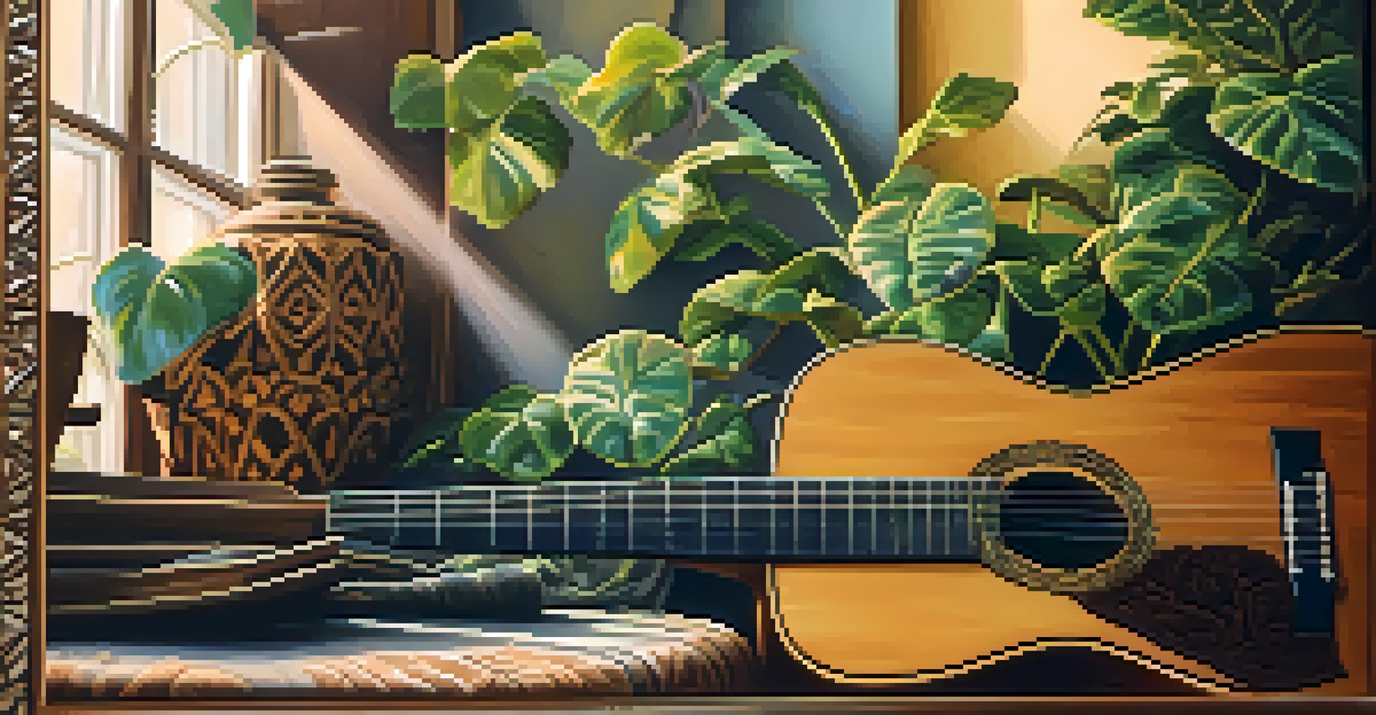 Close-up of hands playing a traditional Latin guitar with a cozy living room in the background.