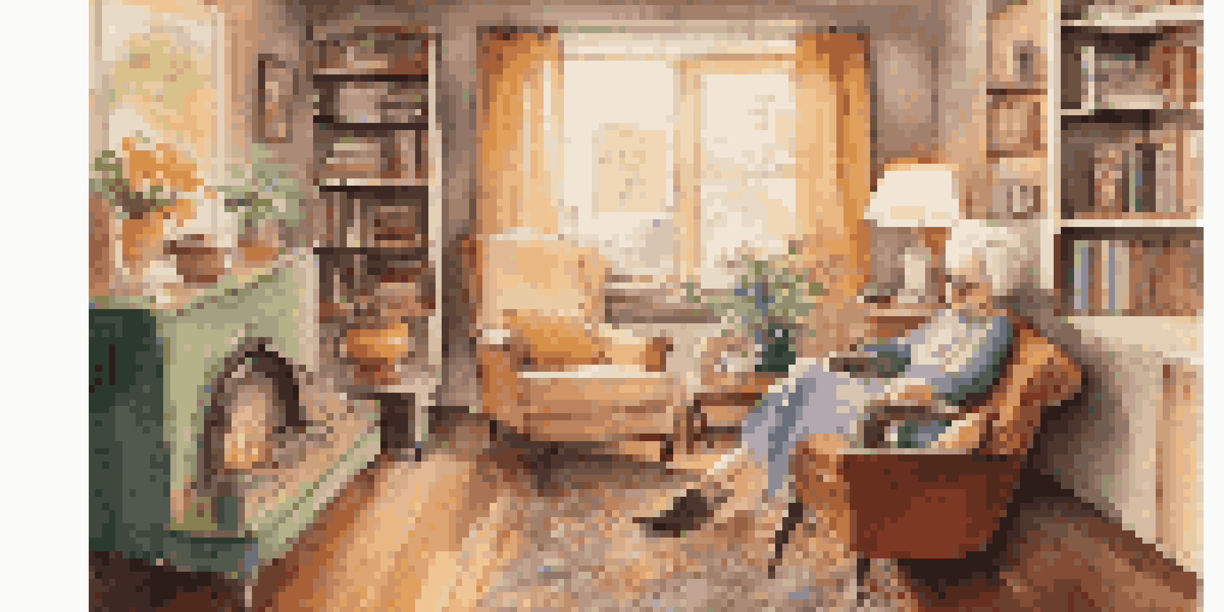 An elderly woman enjoying music in a cozy living room filled with family photos and warm light.