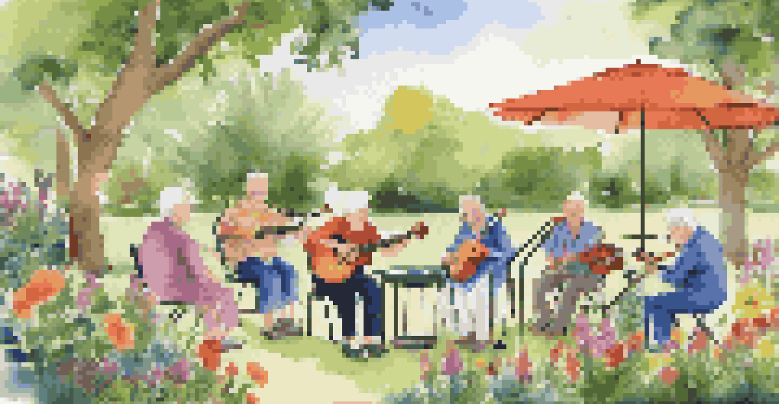 Seniors engaged in a music therapy session in a beautiful garden, playing instruments and enjoying the outdoors.