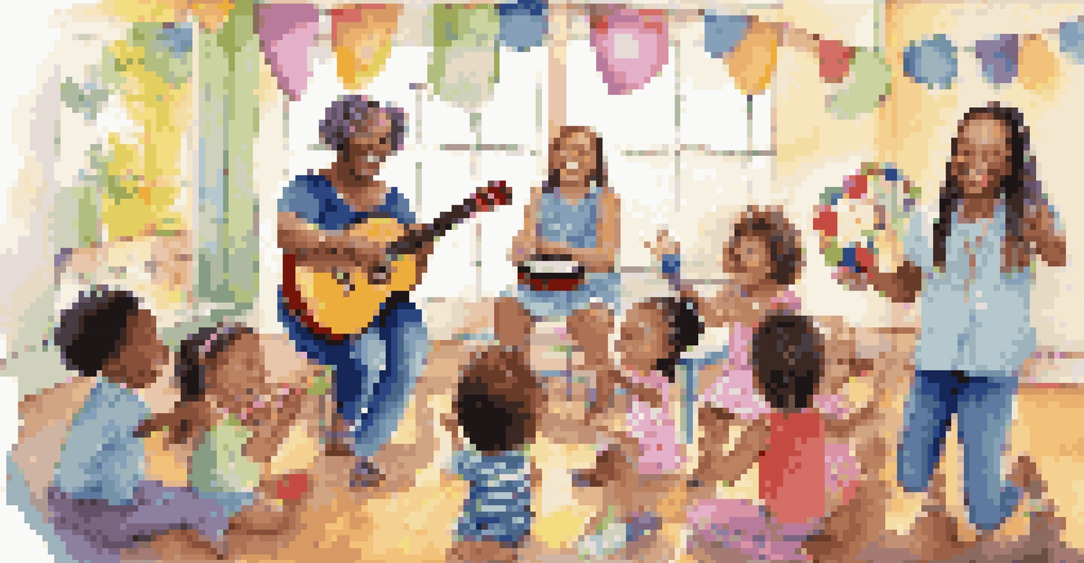 A music therapist leading children in a fun music-making session with colorful instruments.