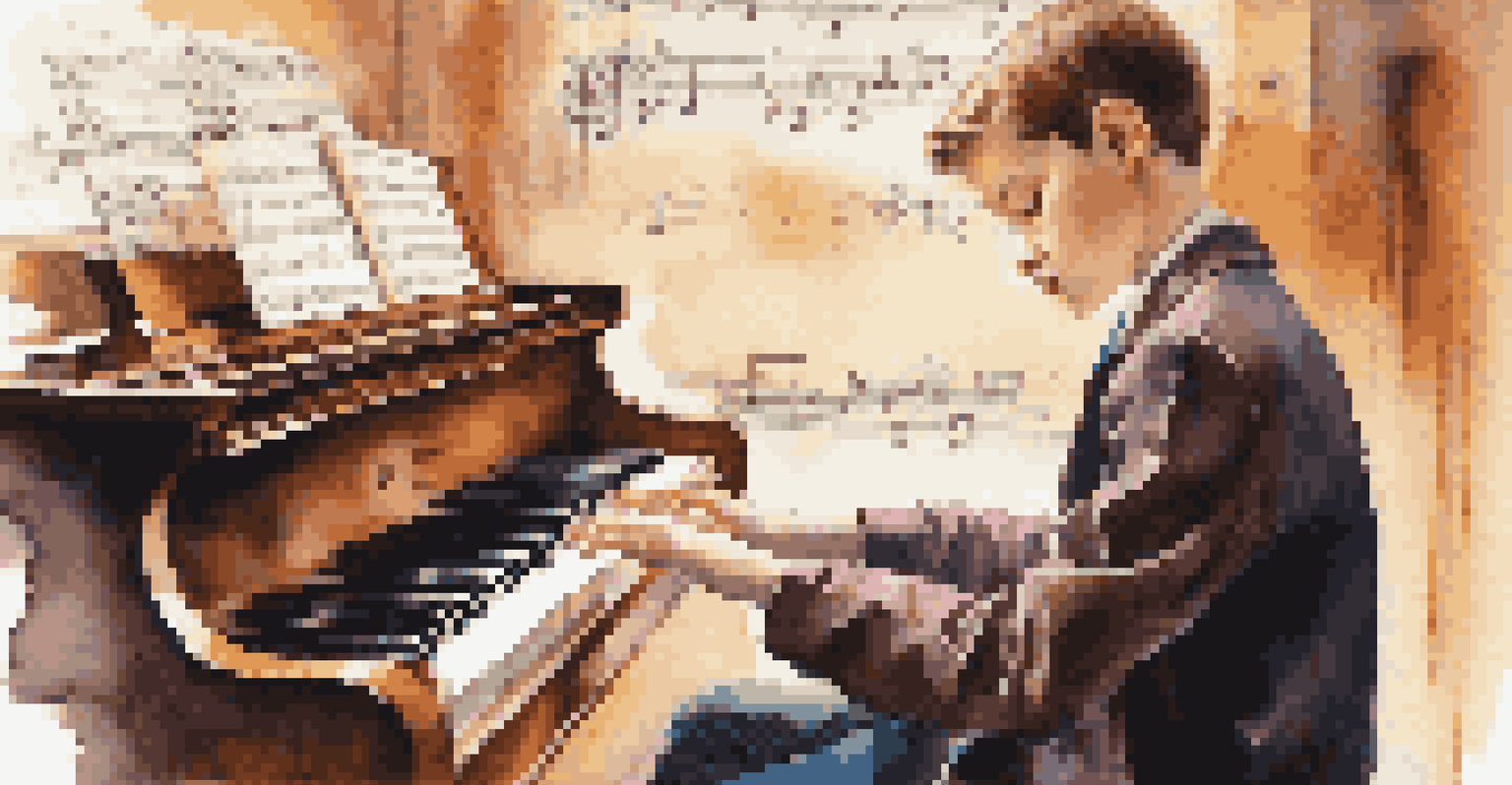 A close-up of a young student playing piano, concentrating on the keys with sheet music in front of them.