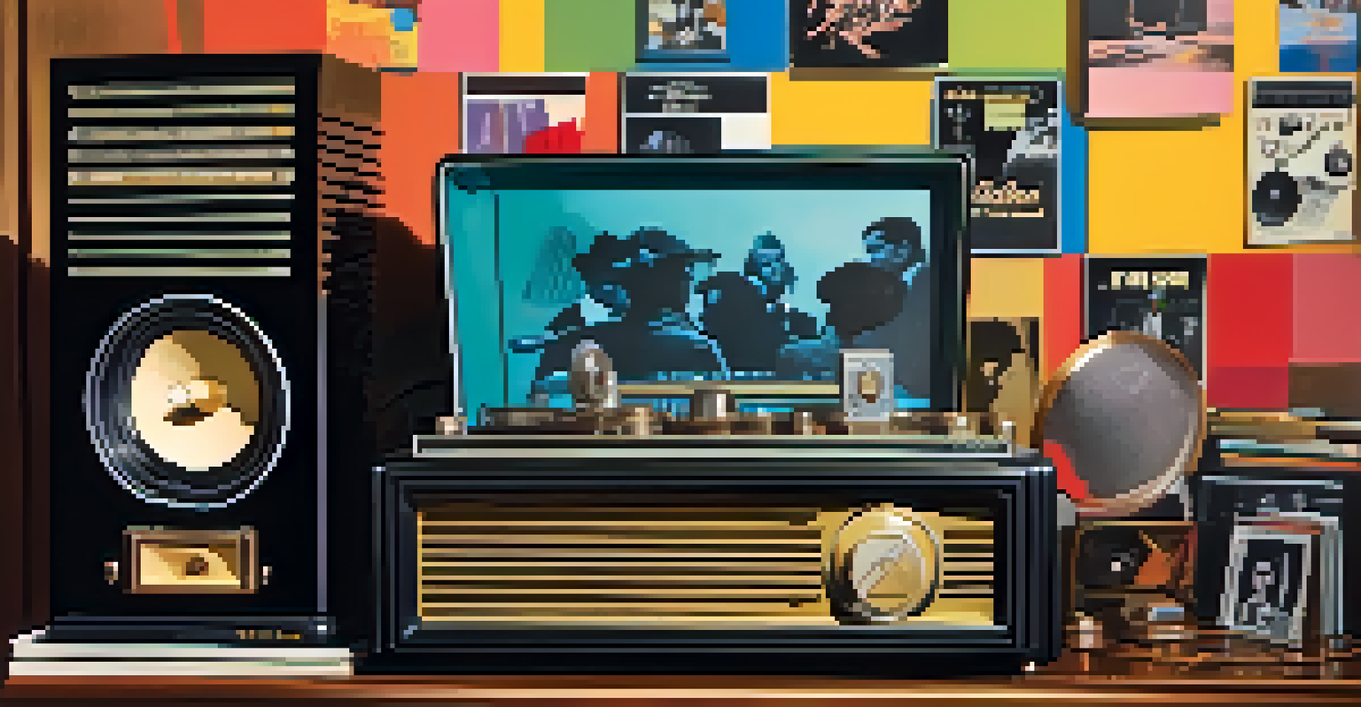 A 1950s radio station setup with a vintage microphone and posters of famous artists, reflecting the Golden Age of Radio.