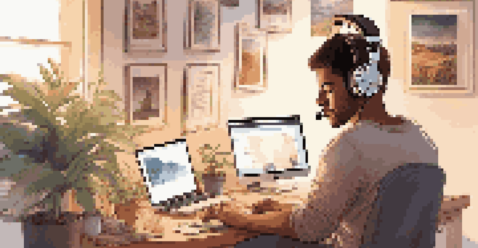 A person with headphones focused on a laptop in a cozy home office, with warm lighting and motivational posters around them.