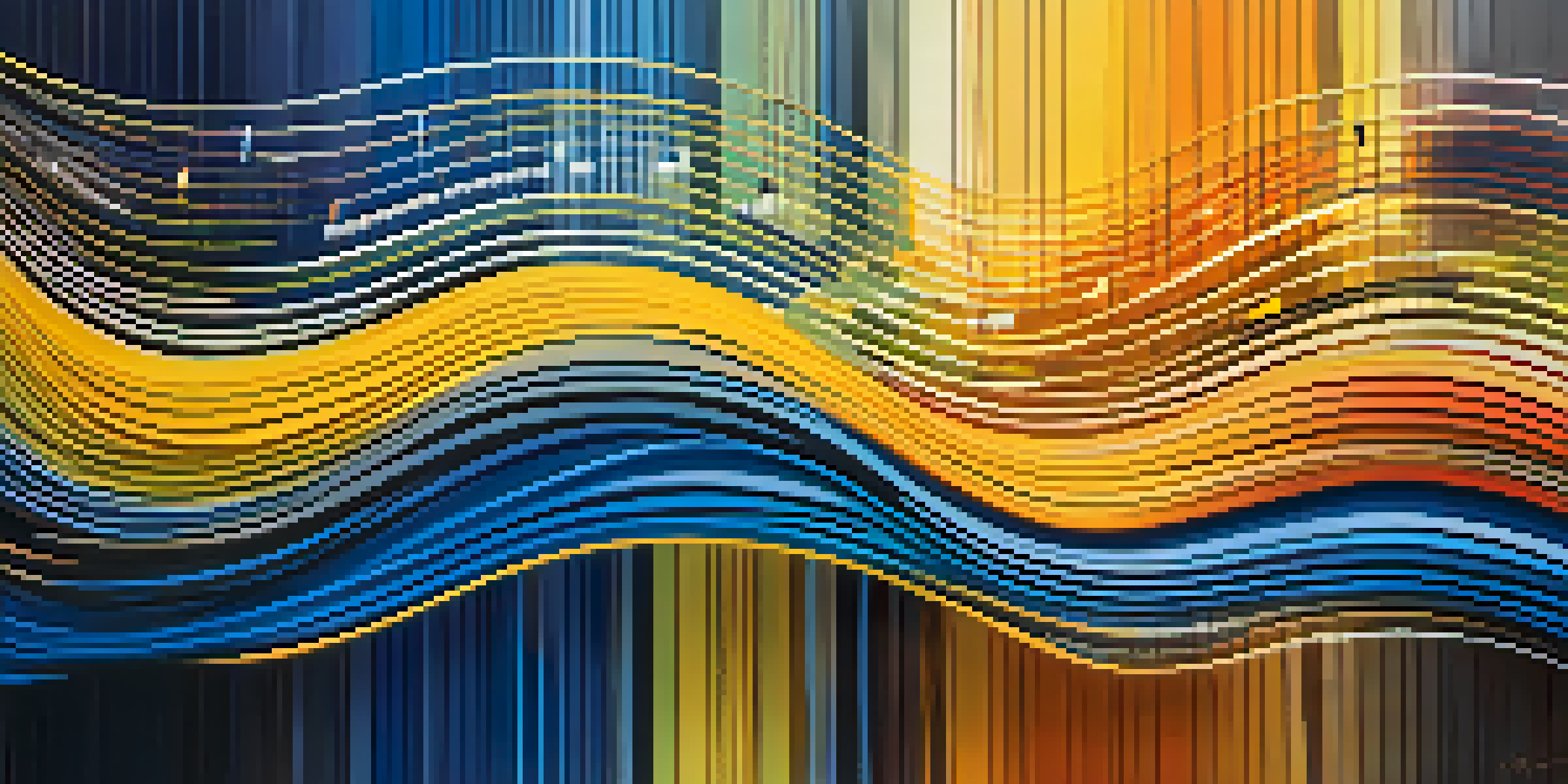 An abstract image showcasing colorful sound waves representing the connection between language and music, with a gradient background.