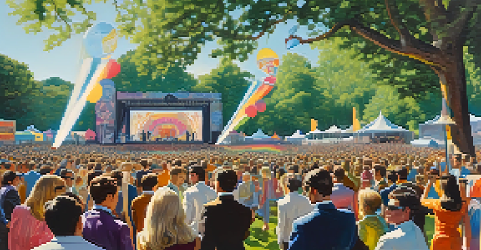 A lively 1960s British music festival with a diverse crowd in colorful mod fashion enjoying a live band on stage.