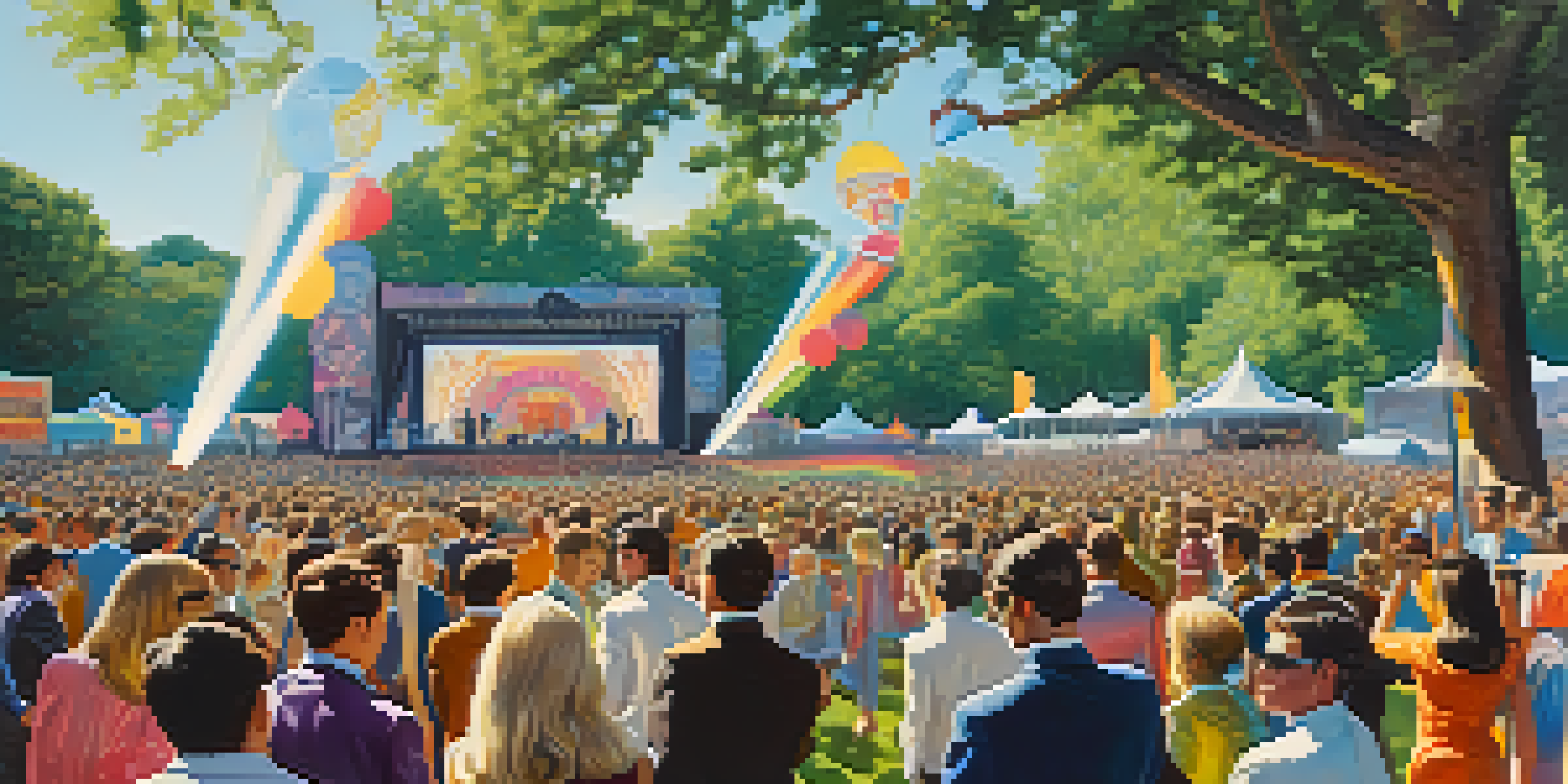 A lively 1960s British music festival with a diverse crowd in colorful mod fashion enjoying a live band on stage.