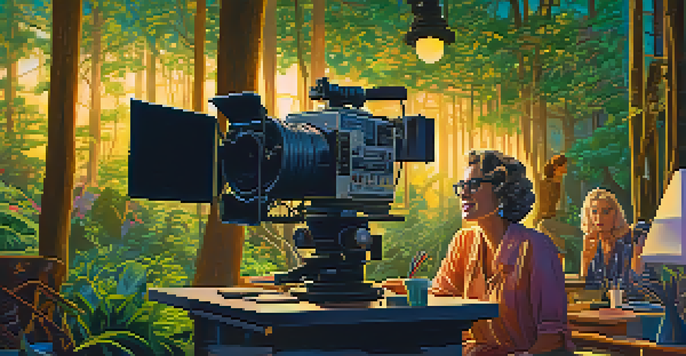 A film director discussing a scene with her cast on a vibrant film set surrounded by vintage cameras and colorful lights under warm golden hour sunlight.