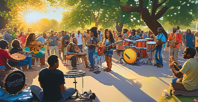 A lively park scene with musicians playing and a diverse crowd enjoying a community jam during sunset.