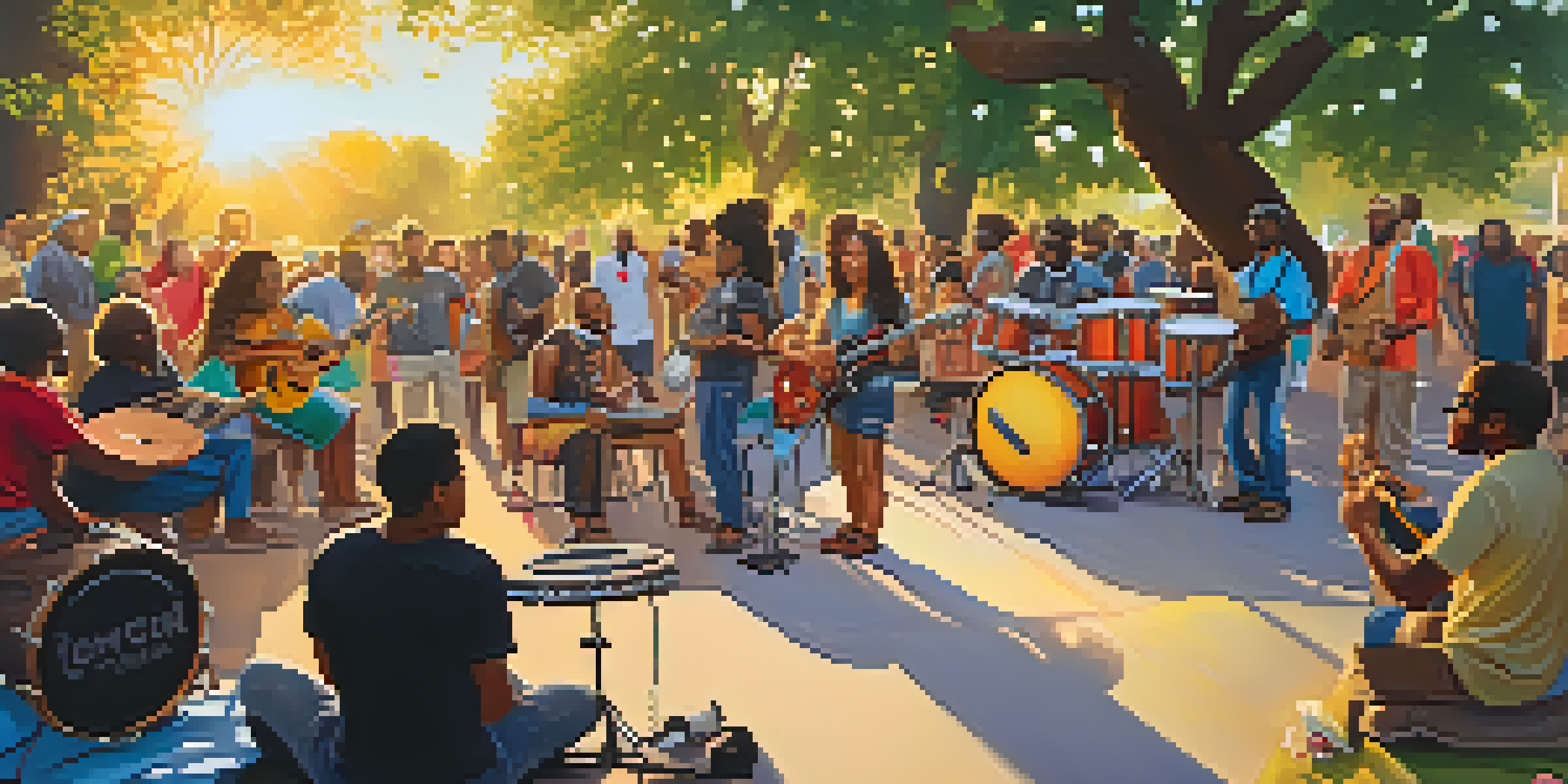 A lively park scene with musicians playing and a diverse crowd enjoying a community jam during sunset.