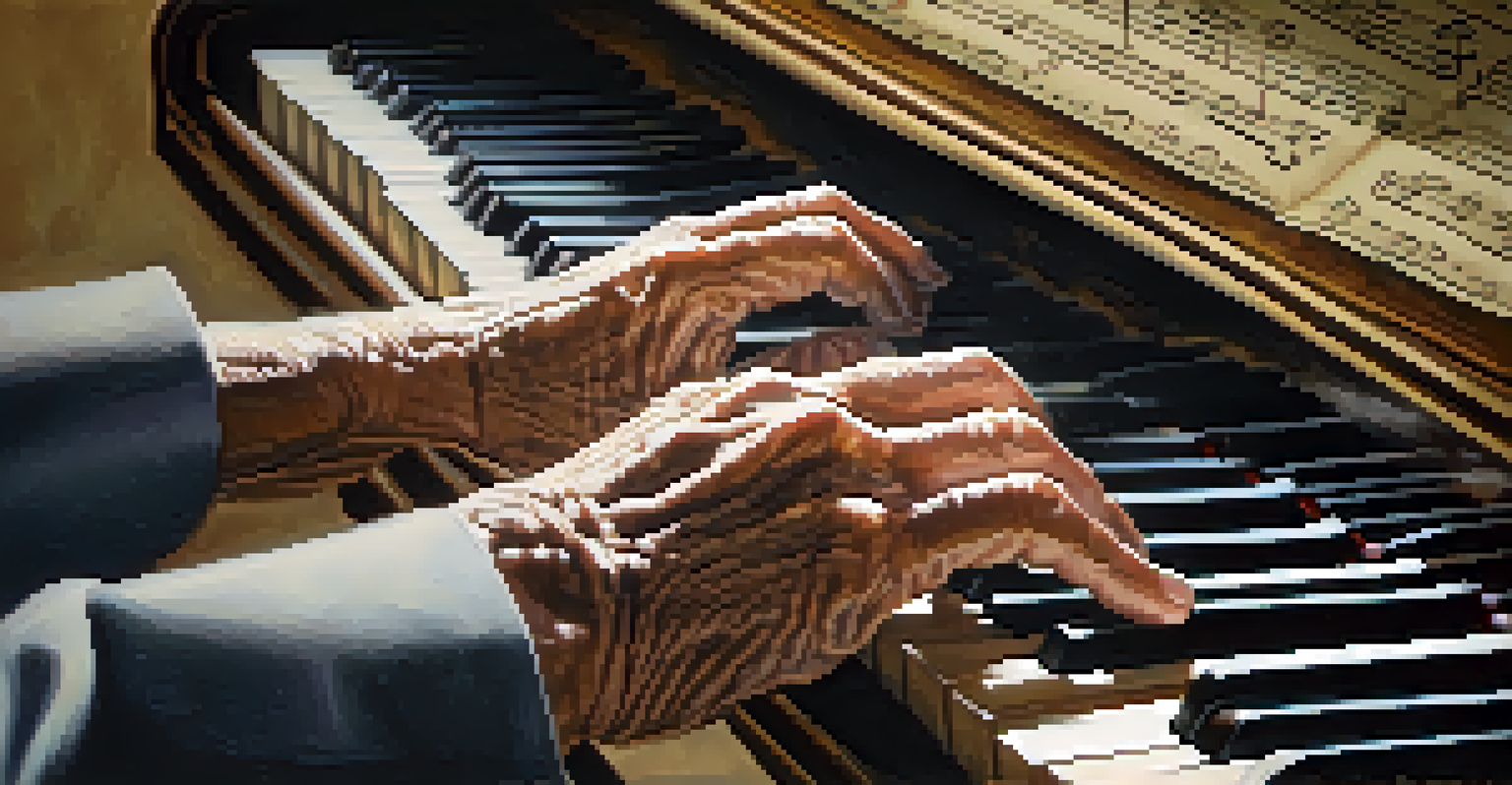 Close-up of an elderly person's hands playing a piano, emphasizing the interaction with music.