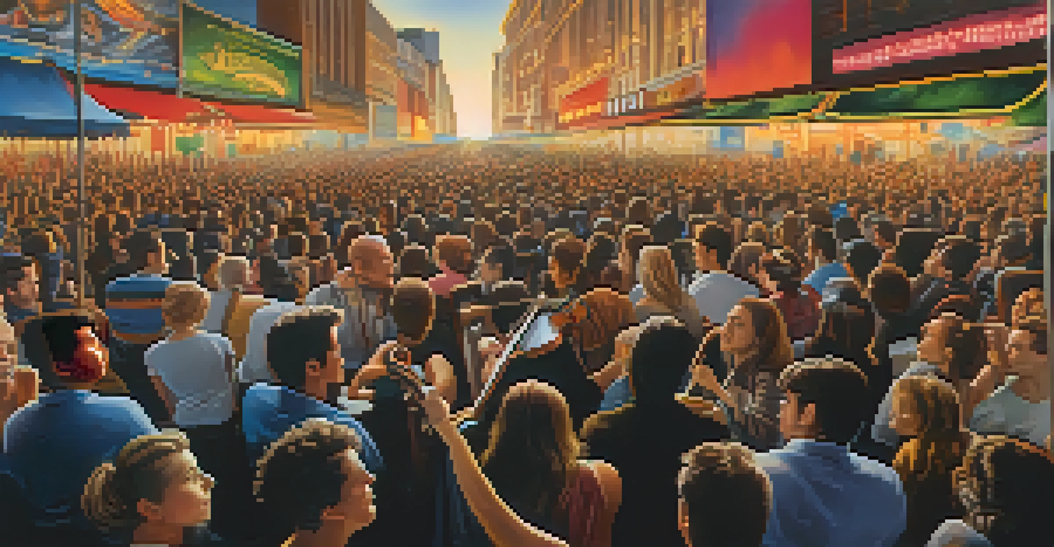 A split image showing a concert on one side and a poignant movie scene on the other, connected by musical notes.