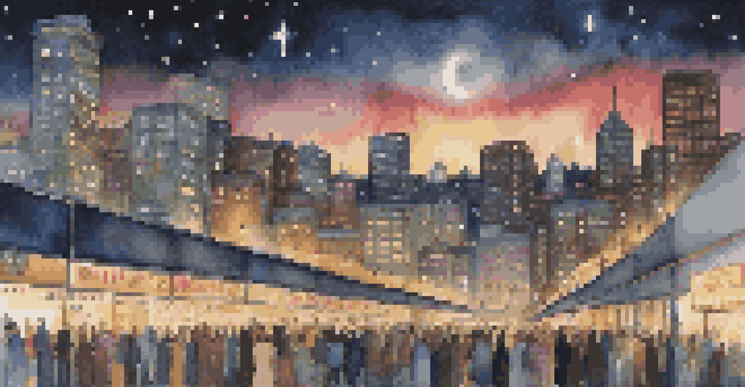 A city skyline at night with billboards promoting peace, and people gathering with candles below, under a starry sky.