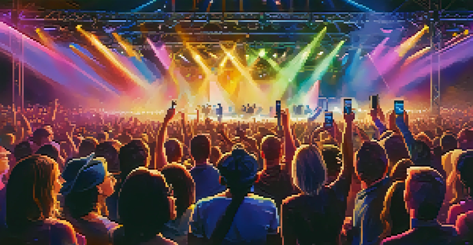 A lively concert with fans enjoying the performance, colorful stage lights, and artist engaging with the crowd.