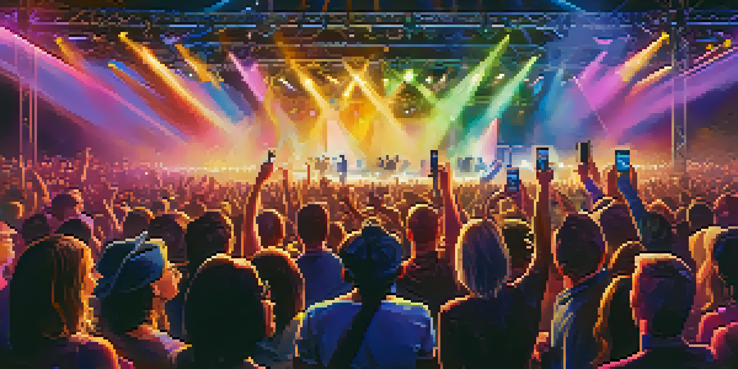 A lively concert with fans enjoying the performance, colorful stage lights, and artist engaging with the crowd.