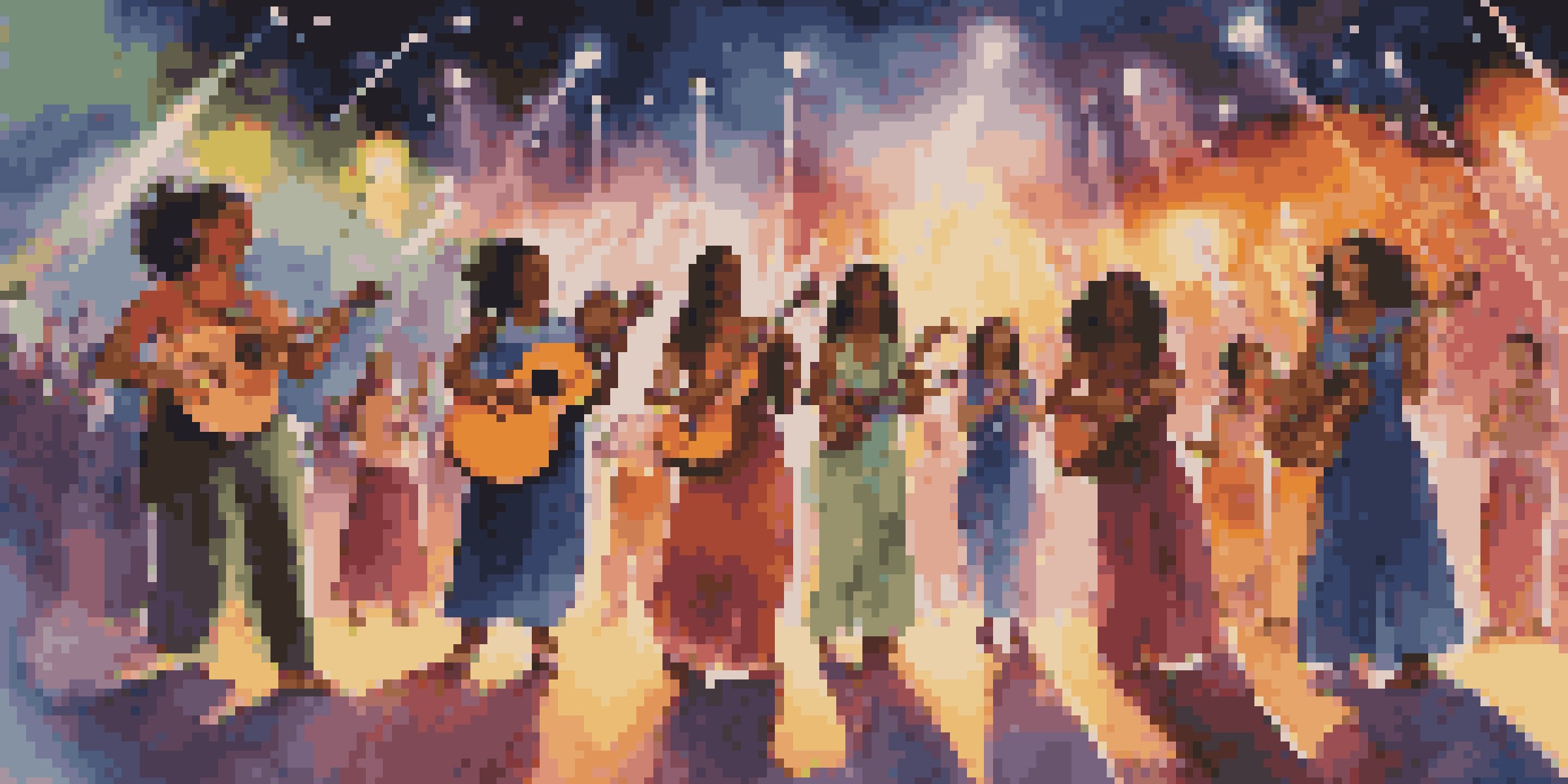 A diverse group of women musicians performing on stage at a music festival with colorful lights and an engaged audience.