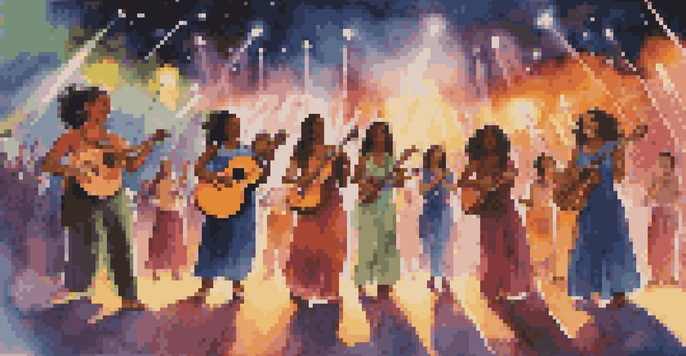 A diverse group of women musicians performing on stage at a music festival with colorful lights and an engaged audience.