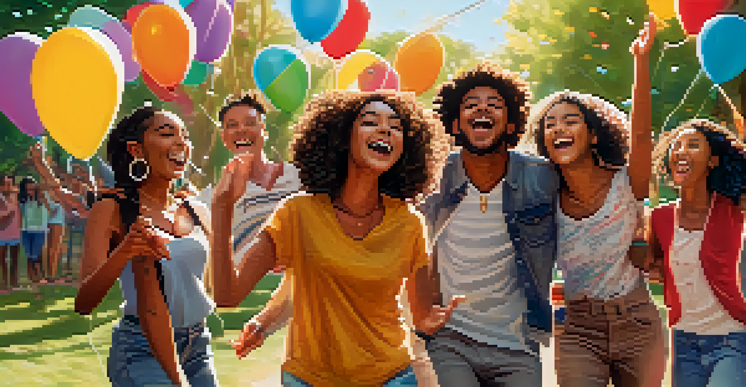 A group of friends enjoying a music challenge outdoors, laughing and dancing together.