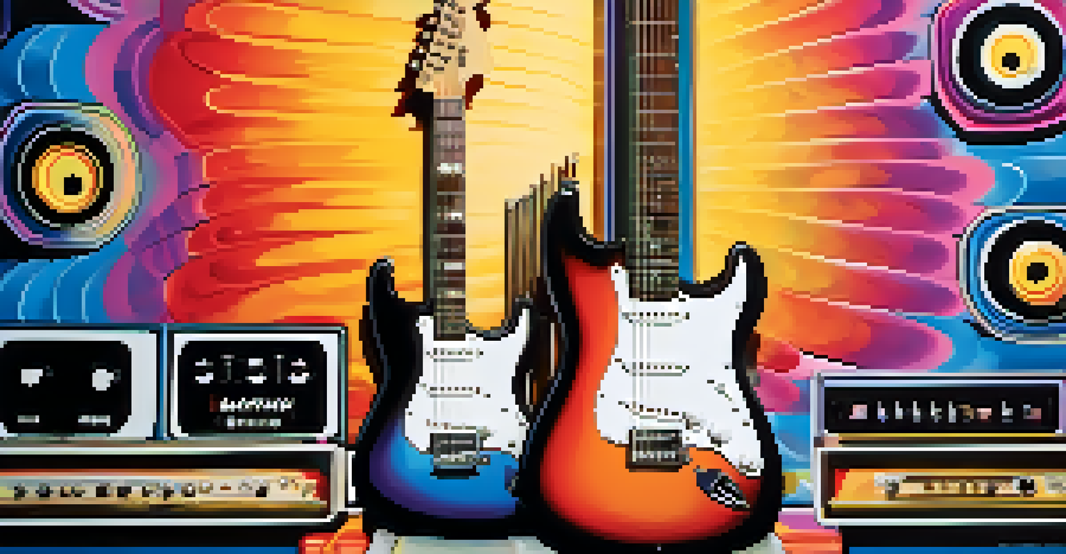 An electric guitar in front of colorful sound waves, with effects pedals and dynamic lighting.