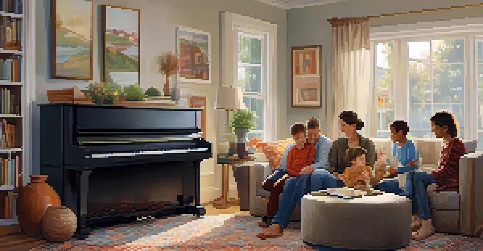 A family gathered around a piano in a cozy living room, enjoying music together, with a warm and inviting atmosphere.