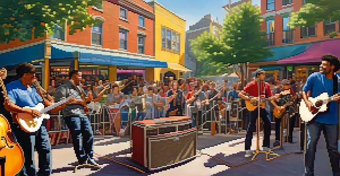 A lively urban street with musicians performing on stage, surrounded by an engaged crowd and colorful murals.