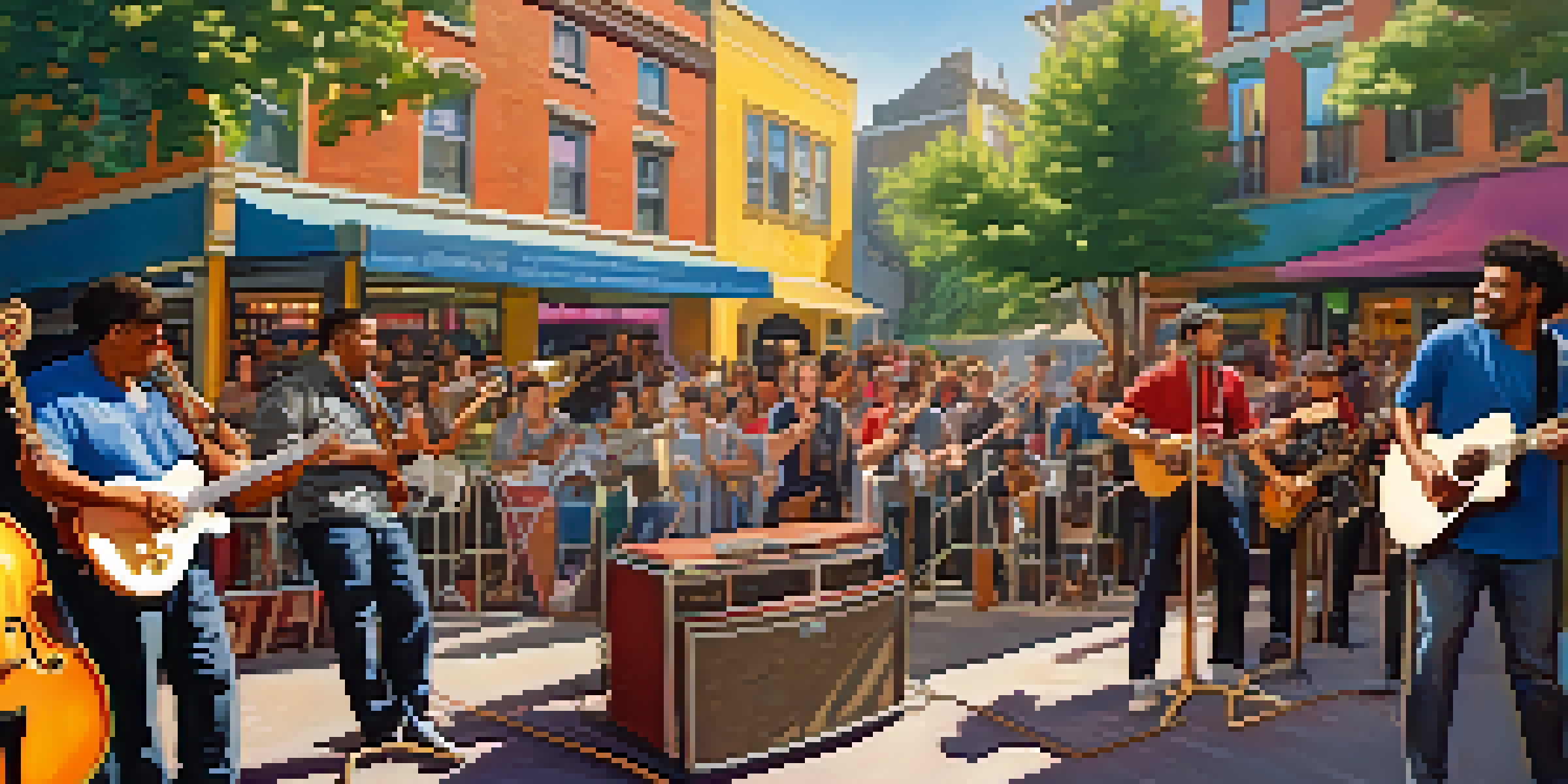 A lively urban street with musicians performing on stage, surrounded by an engaged crowd and colorful murals.