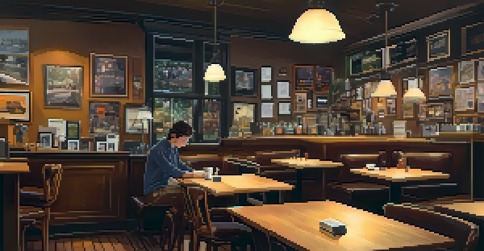 An interior of a cozy coffee shop with a music critic writing a review at a table, surrounded by notebooks and vinyl records.
