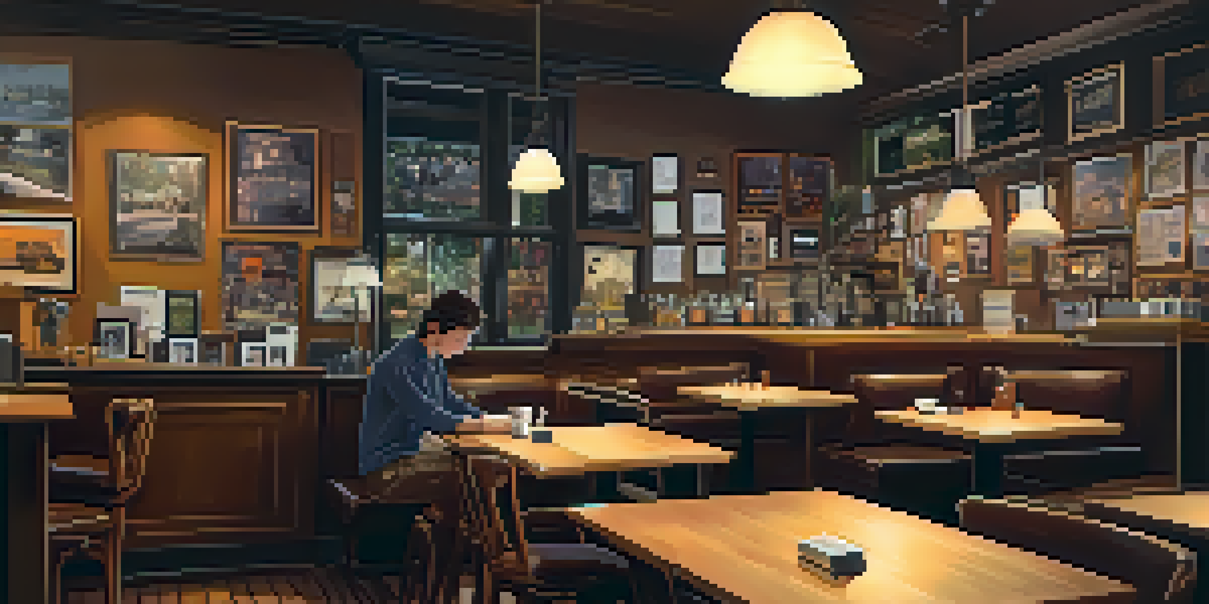 An interior of a cozy coffee shop with a music critic writing a review at a table, surrounded by notebooks and vinyl records.
