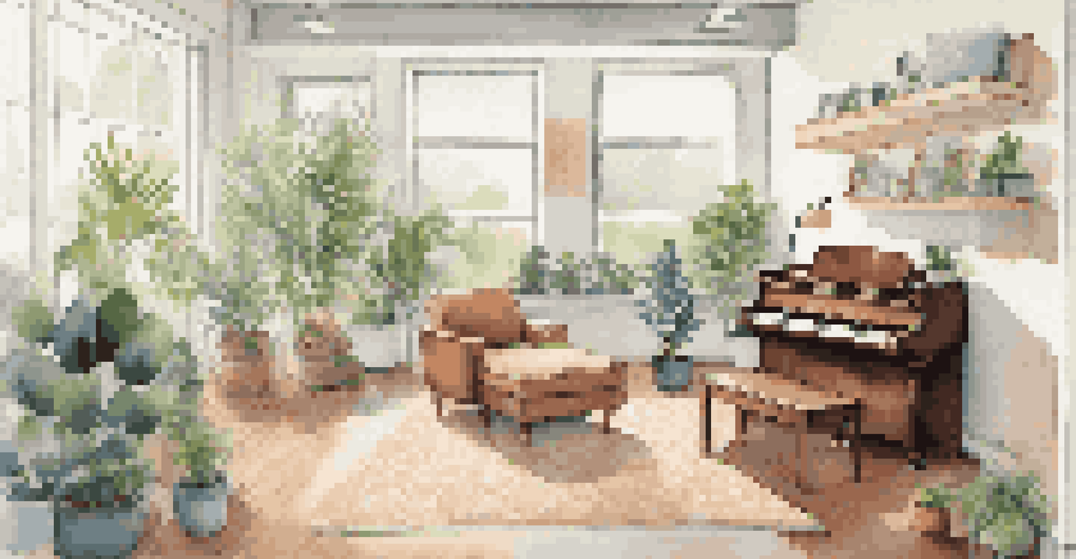 A serene office space designed for music breaks, featuring a piano, guitar, and comfortable seating.