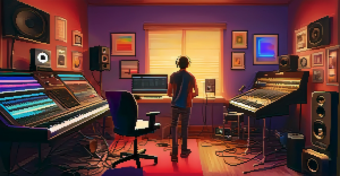 A cozy home studio with a musician surrounded by instruments and music production equipment, illuminated by warm lighting and colorful sound wave visualizations.