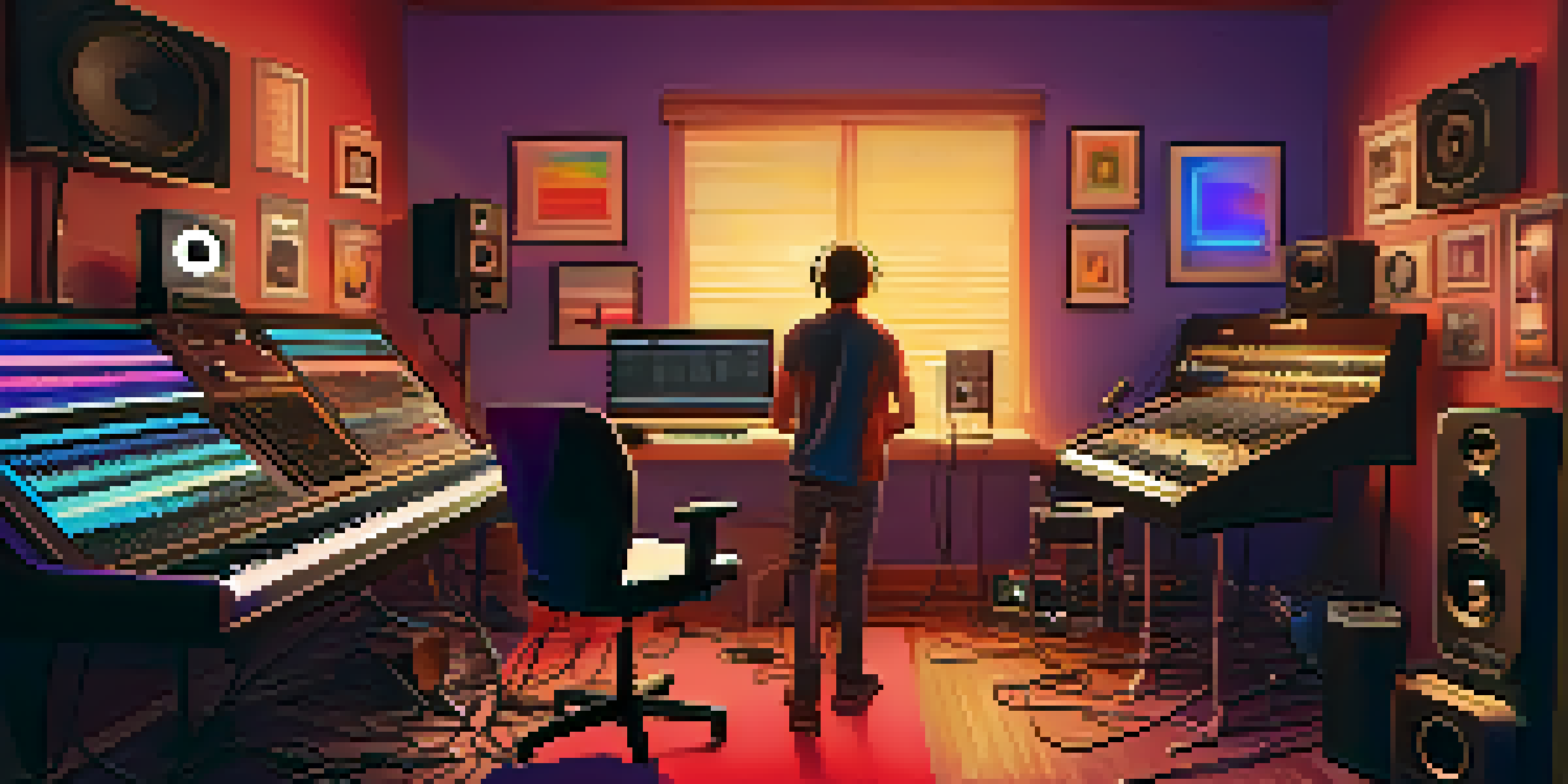 A cozy home studio with a musician surrounded by instruments and music production equipment, illuminated by warm lighting and colorful sound wave visualizations.