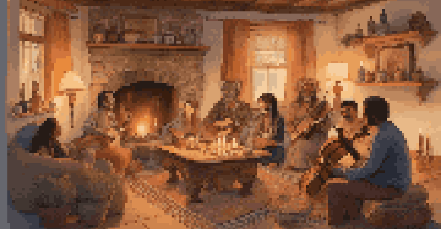 A cozy living room scene with friends playing acoustic instruments and surrounded by cultural artifacts, illuminated by warm fairy lights.