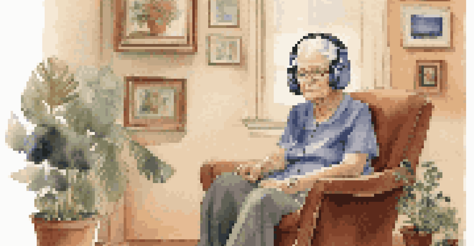 An elderly woman enjoying music with headphones in a cozy armchair, surrounded by family photos and plants.