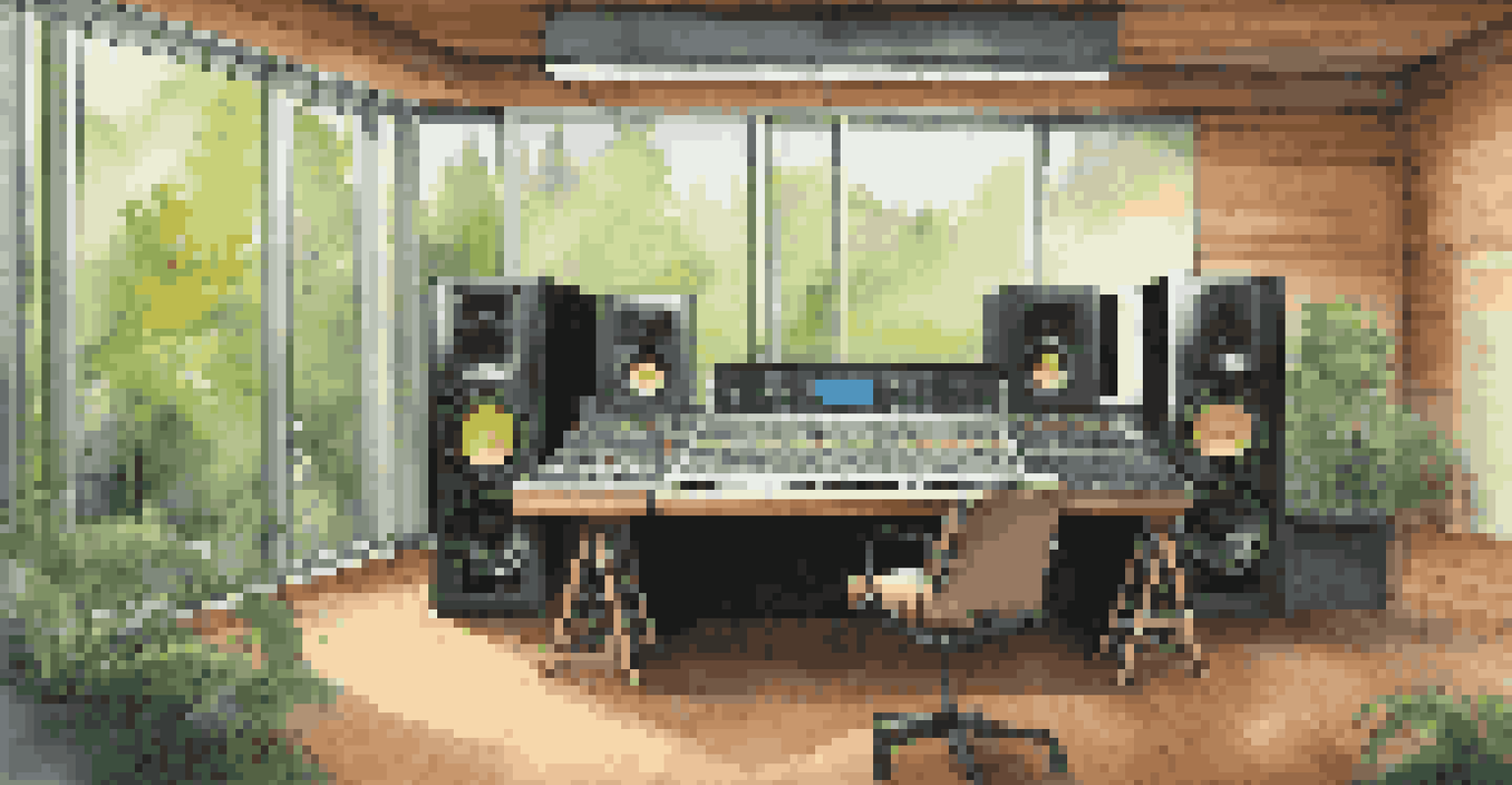Modern recording studio with energy-efficient lighting, showcasing high-tech equipment and a view of a lush forest.