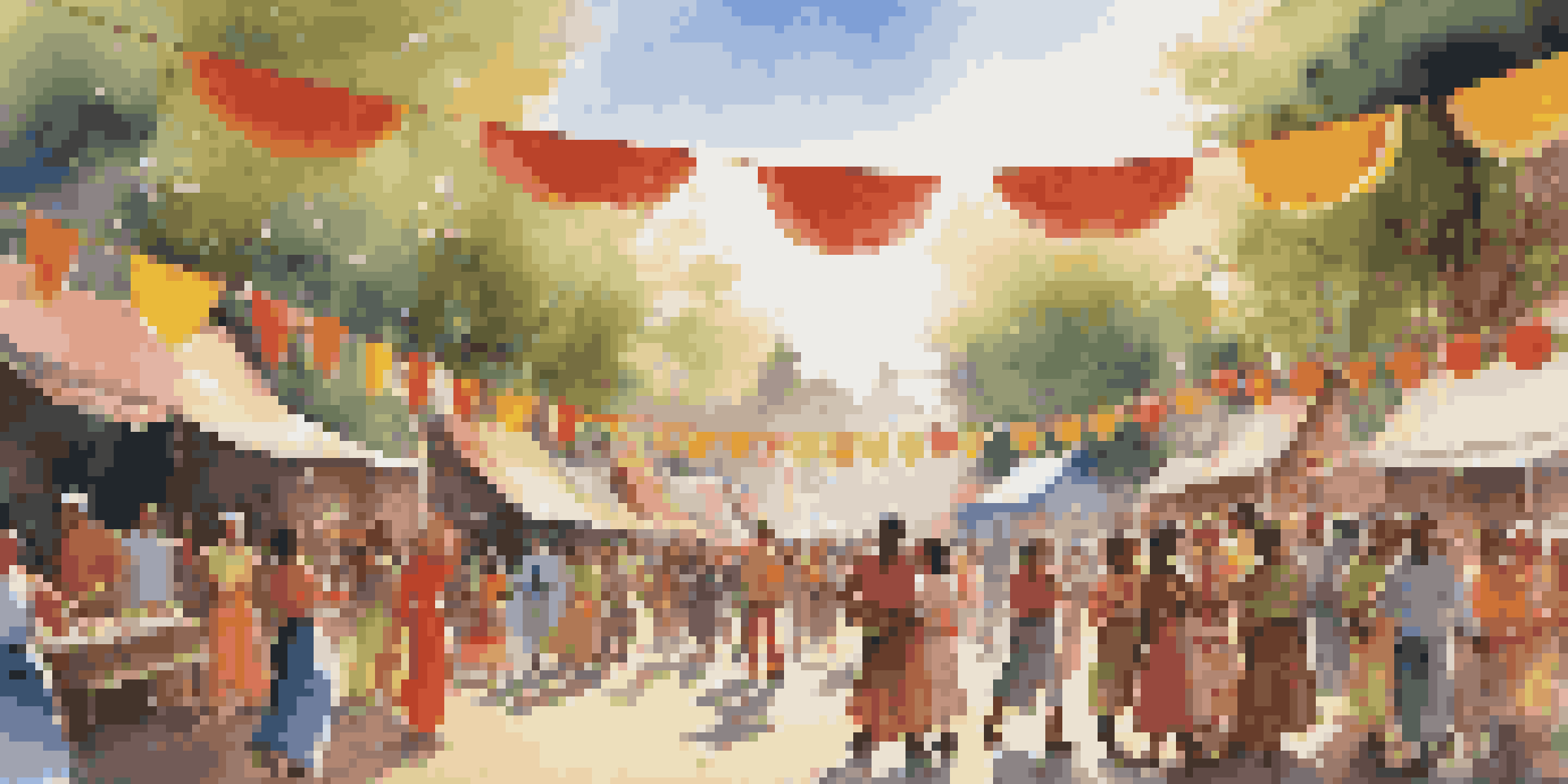 A colorful festival scene with diverse people celebrating, musicians playing instruments, and decorations hanging overhead.