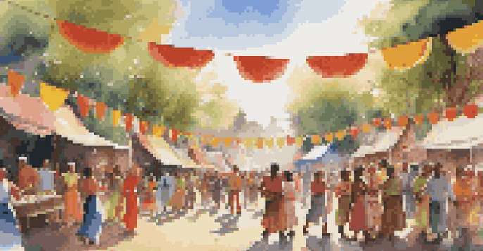 A colorful festival scene with diverse people celebrating, musicians playing instruments, and decorations hanging overhead.