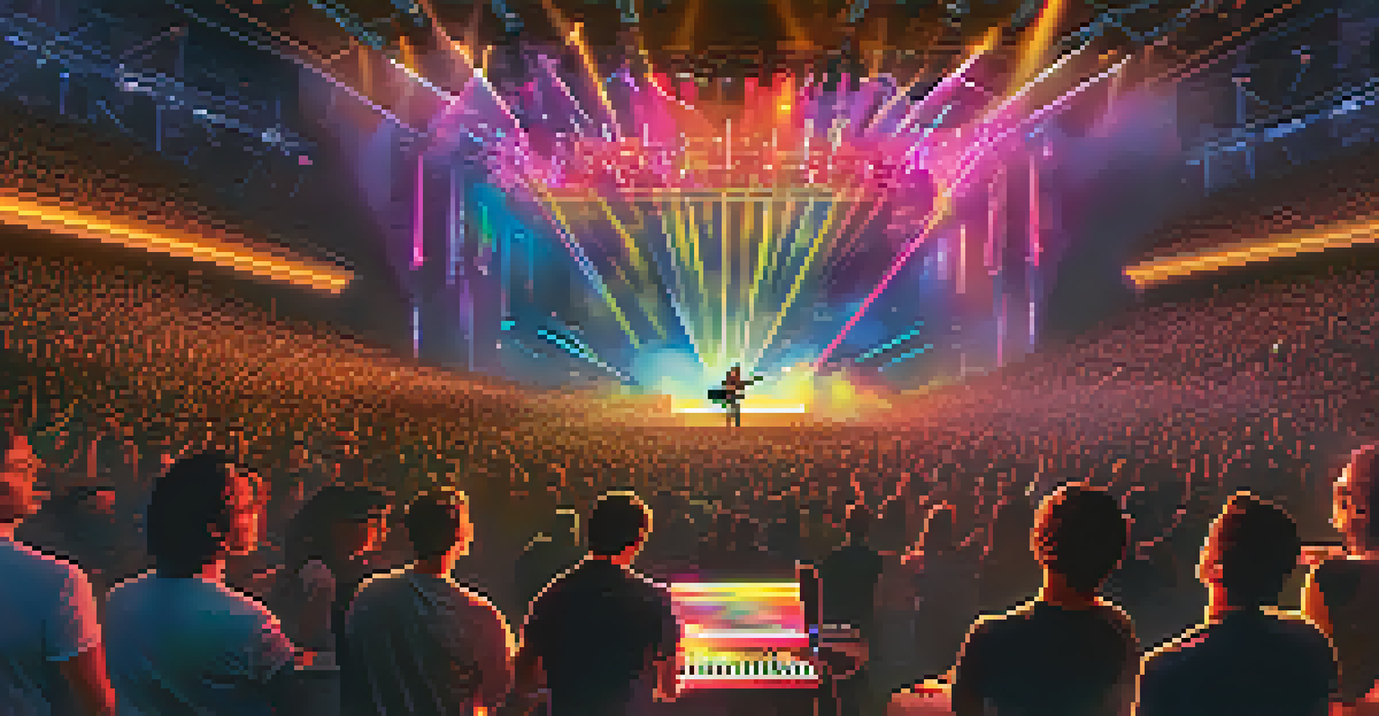 A concert scene with an artist on stage surrounded by colorful lights and an engaged audience, illustrating the fusion of live music and technology.