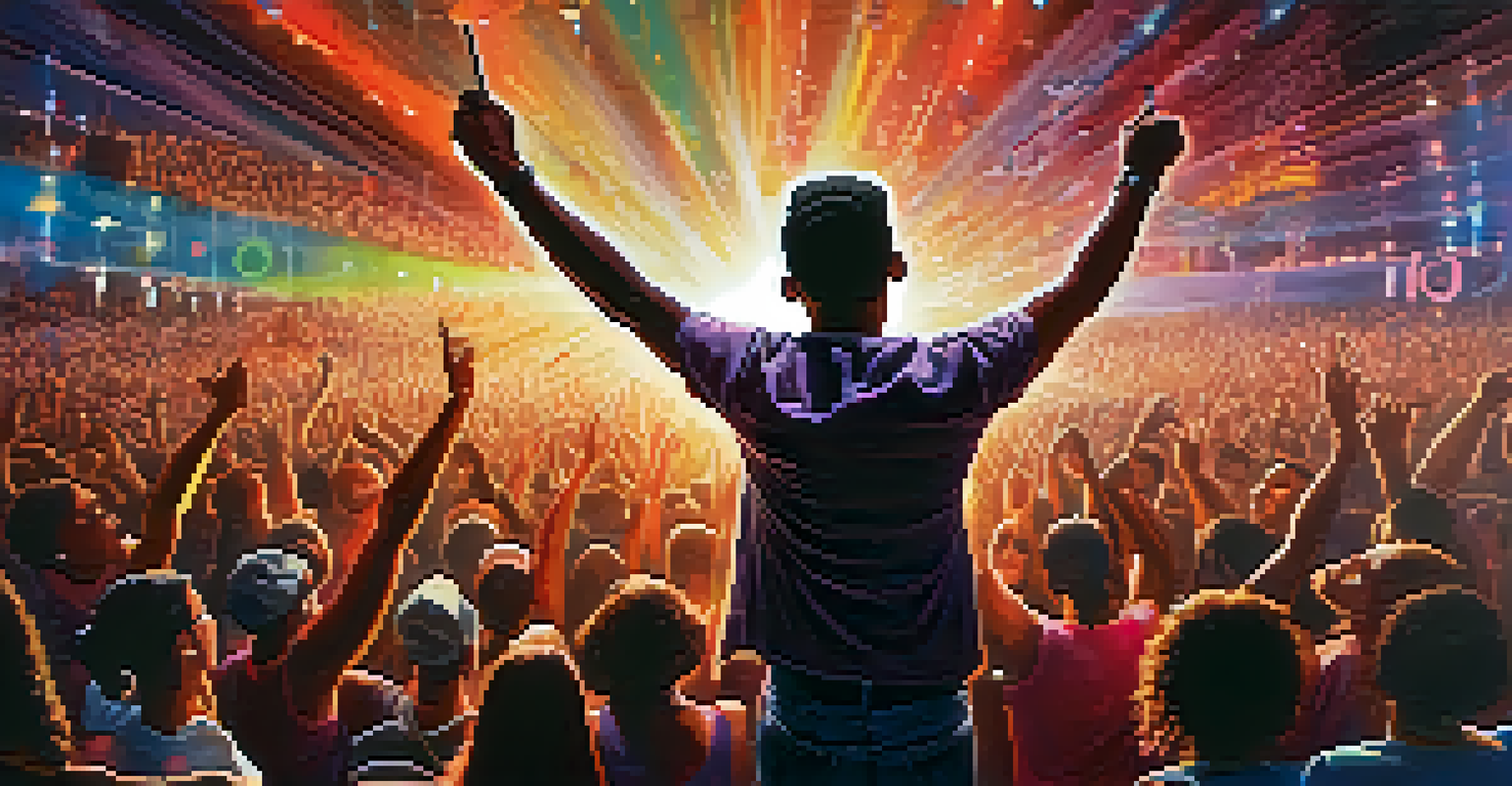 A musician performing on stage with an engaged audience holding signs, illuminated by colorful stage lights.