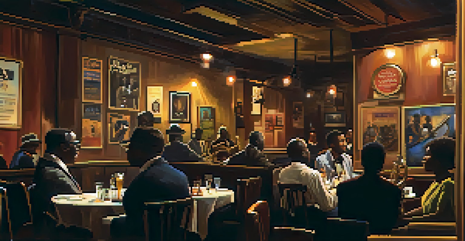 An intimate jazz club with a musician playing trumpet under warm lighting, surrounded by captivated patrons.