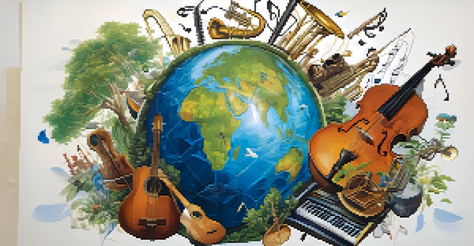 A globe surrounded by musical notes and instruments, showcasing nature and symbolizing the link between music and environmental activism.