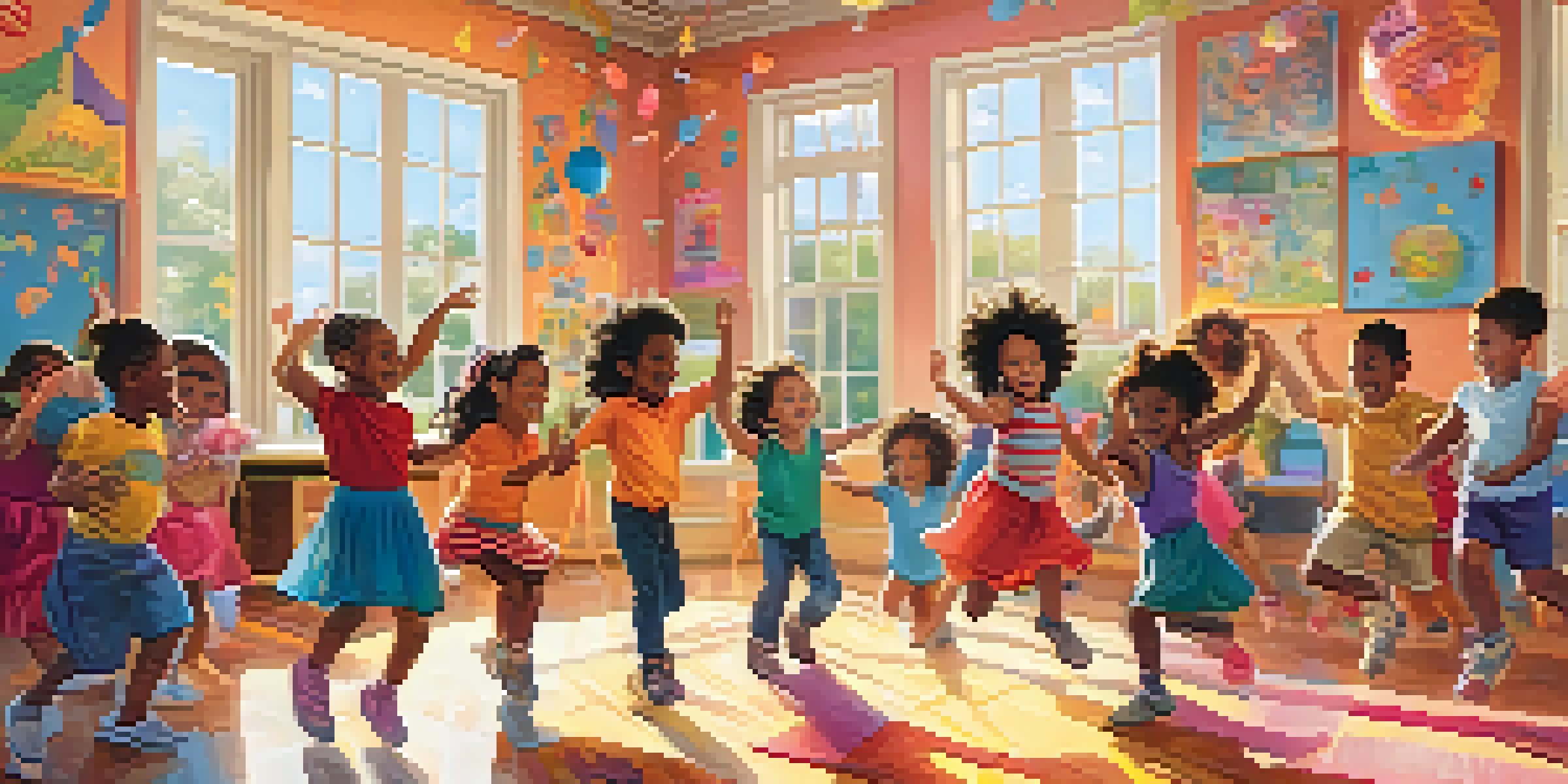 A bright classroom with children dancing joyfully during a morning dance party, surrounded by colorful decorations and sunlight.