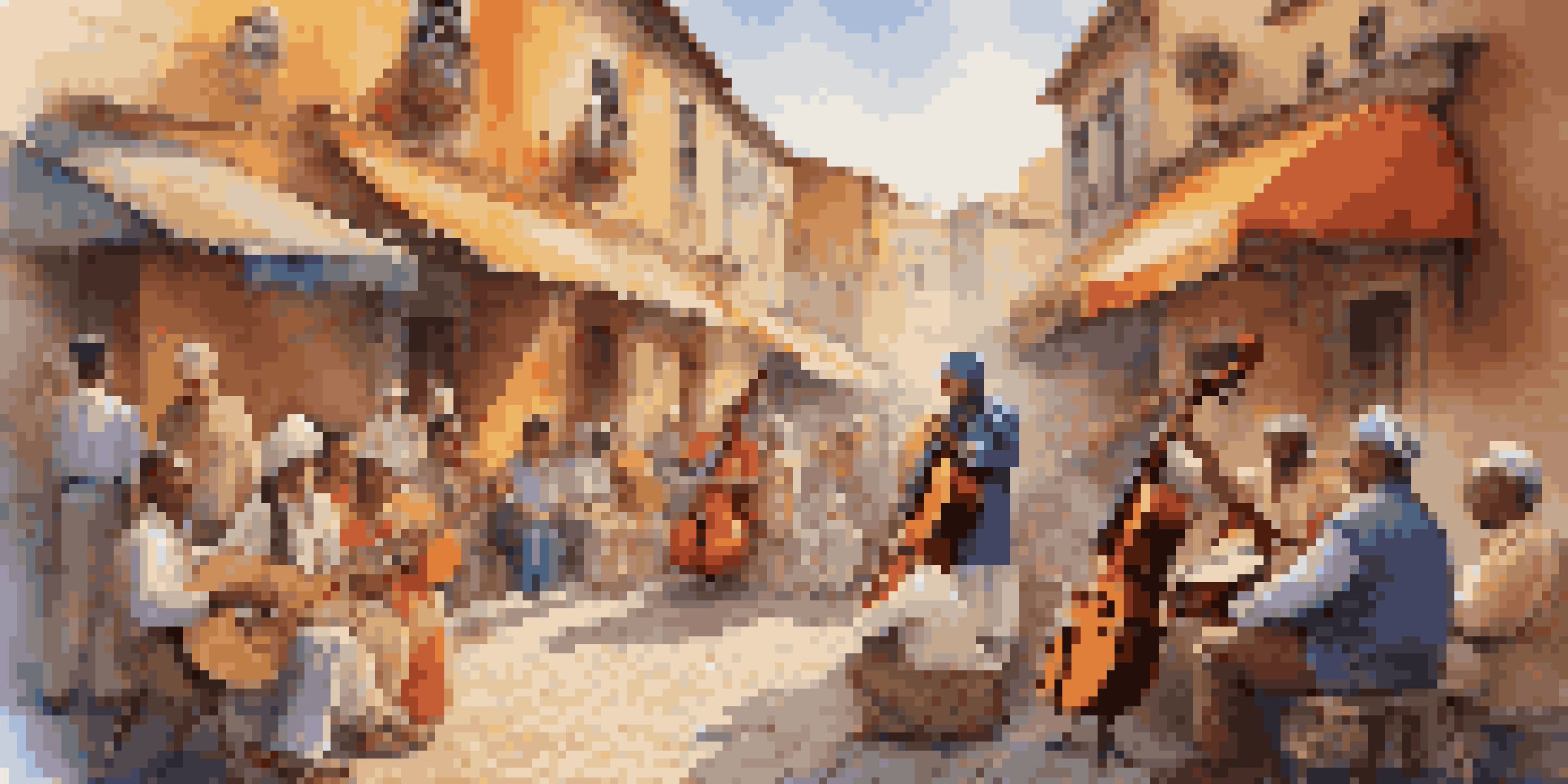 A traditional musician playing a lute in a colorful street, surrounded by a diverse audience enjoying the music.
